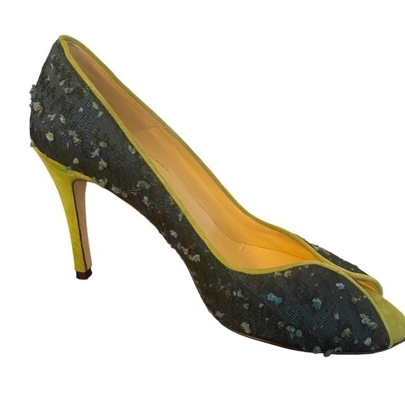 Butter green suede blue fabric peep toe heels Size 8 - Picture 4 of 9